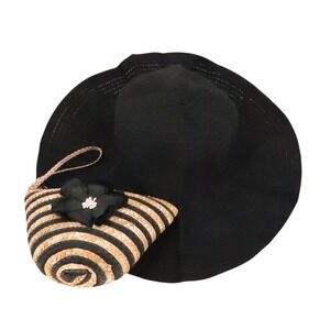 Sun Lily Packable Sun Hat Wristlet Bag Womens Black Straw Beach Travel Vacation
